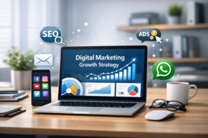 Digital marketing workspace with SEO and social media tools